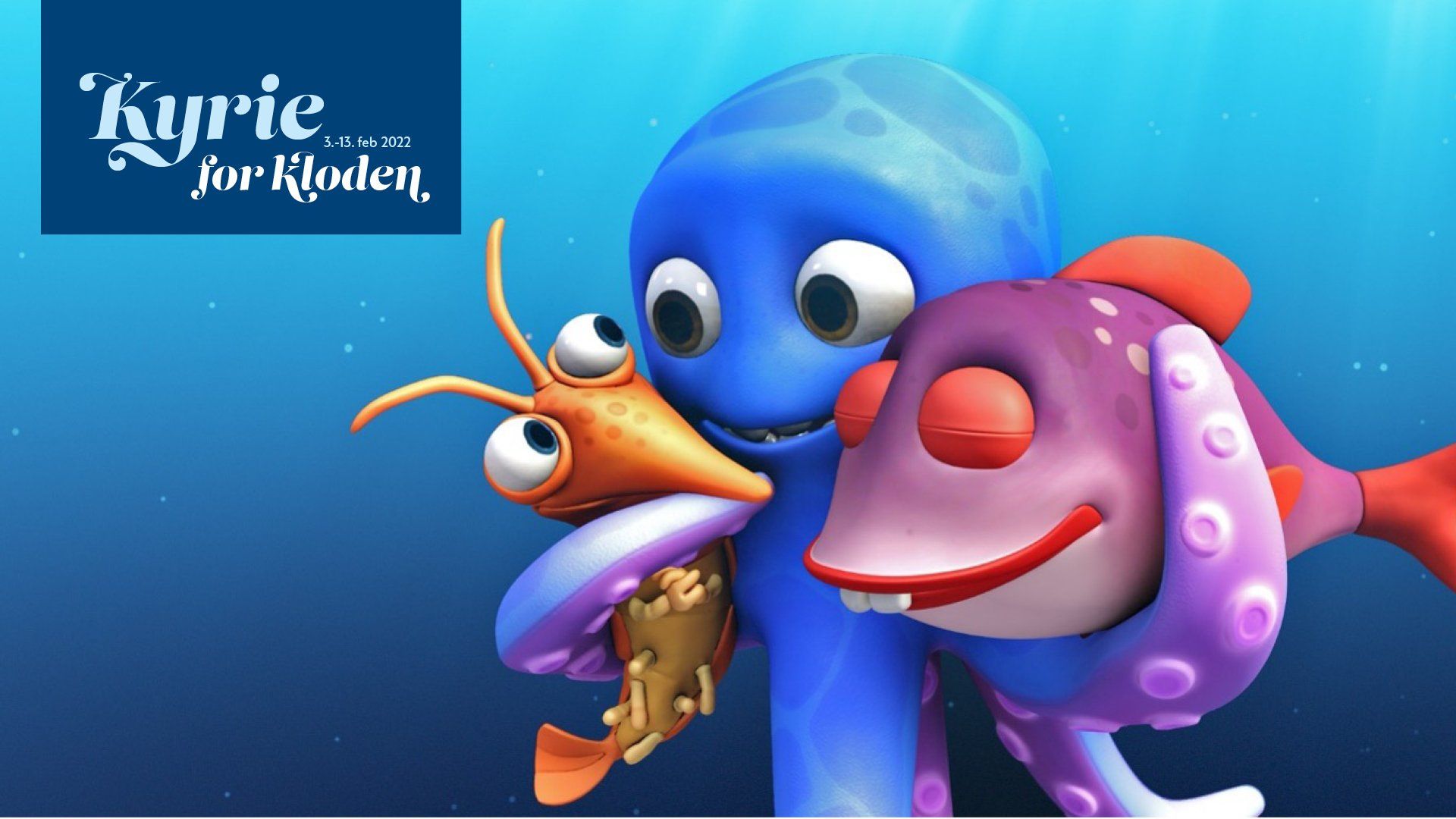 En blå blekksprut holder en reke og en lilla fisk