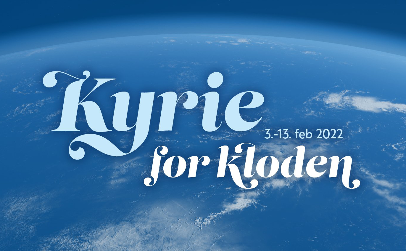 En blå bakgrunn med ordene kyrie for kloden på