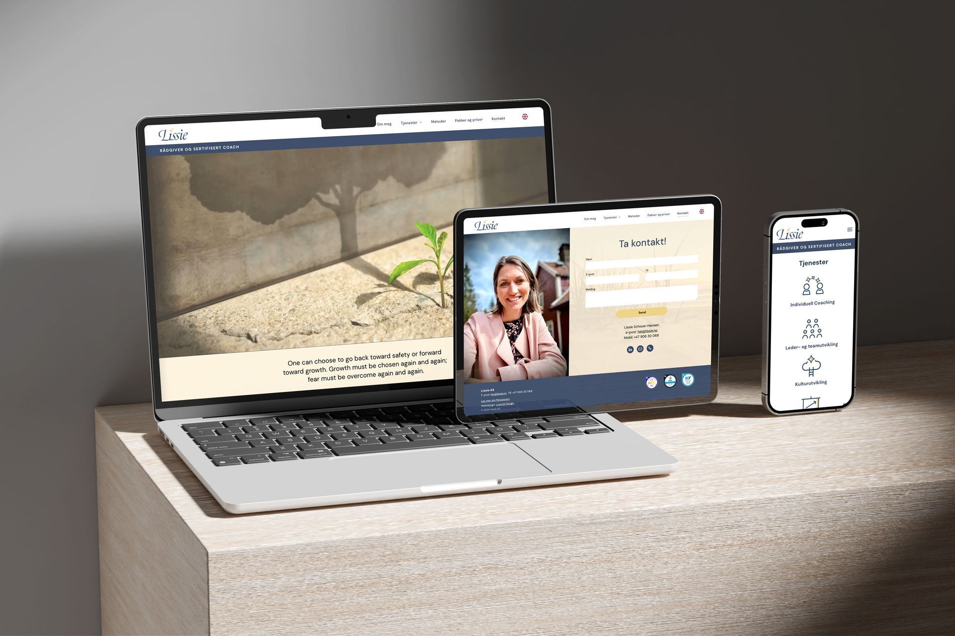 Lissie nettside på desktop, iPad og mobil