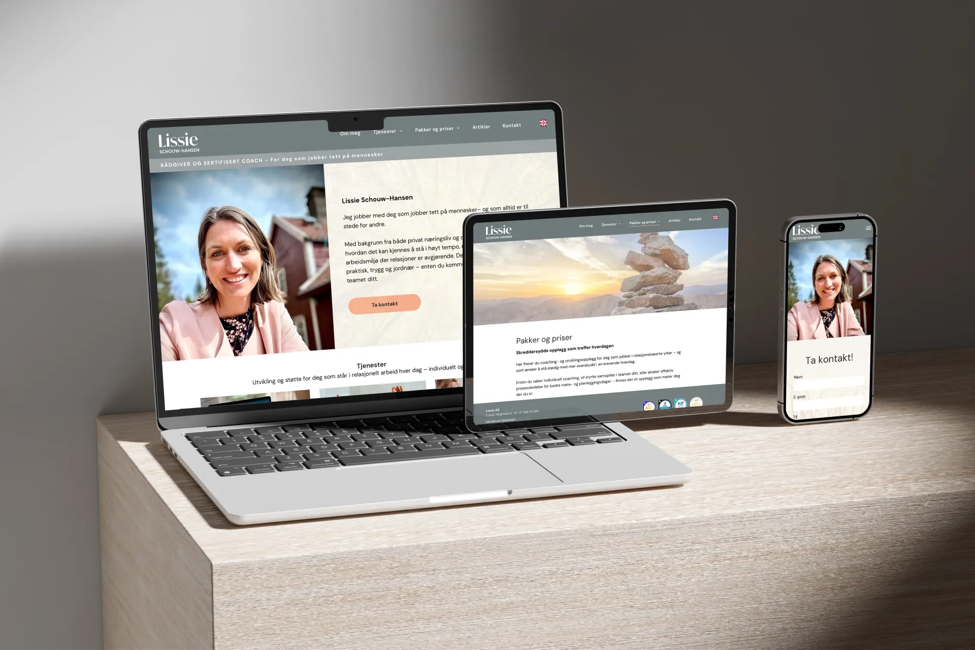 Lissie nettside på desktop, iPad og mobil