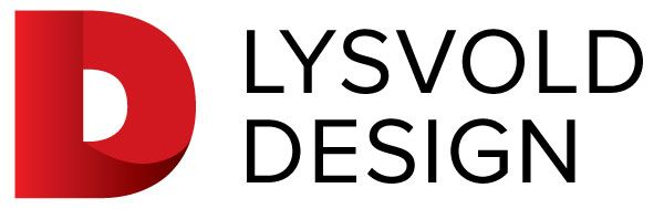 Rød «D»-logo med brettet design ved siden av teksten «LYSVOL DESIGN».