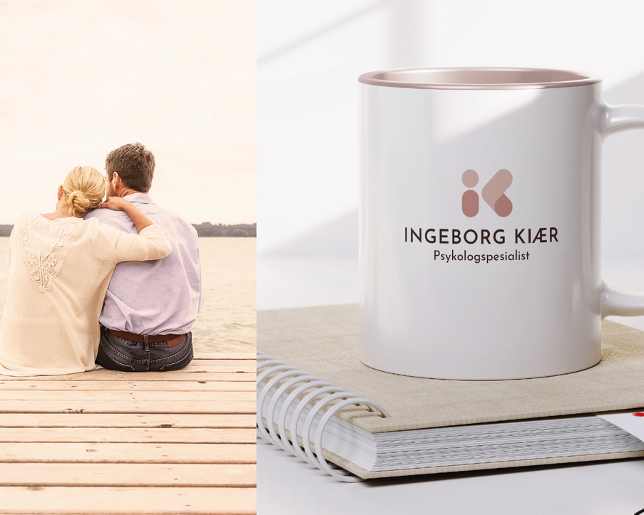 Et par som sitter på en brygge ved siden av et krus hvor det står ingeborg kier
