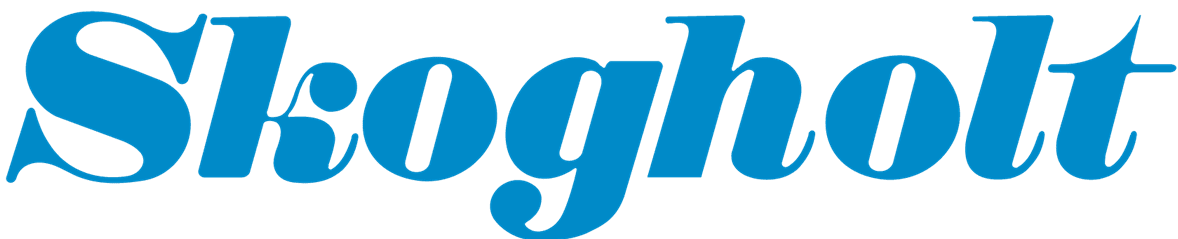 Skogholt in blue script font.