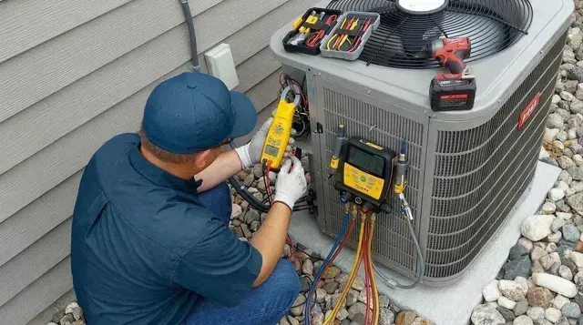 Technician in blue uniform repairing an outdoor air conditioner with tools and gauges