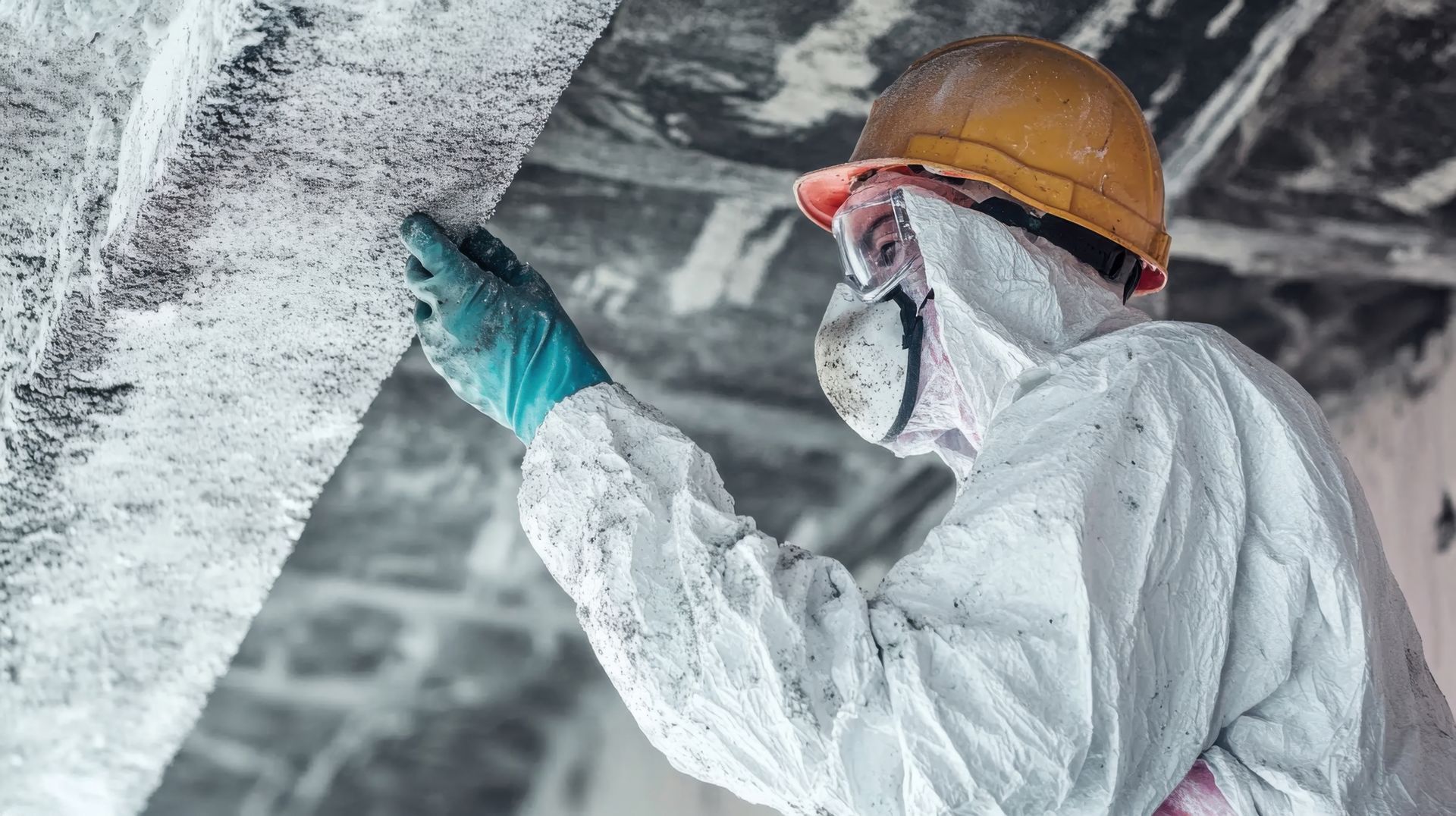 Person in hazmat suit removing insulation from beam.