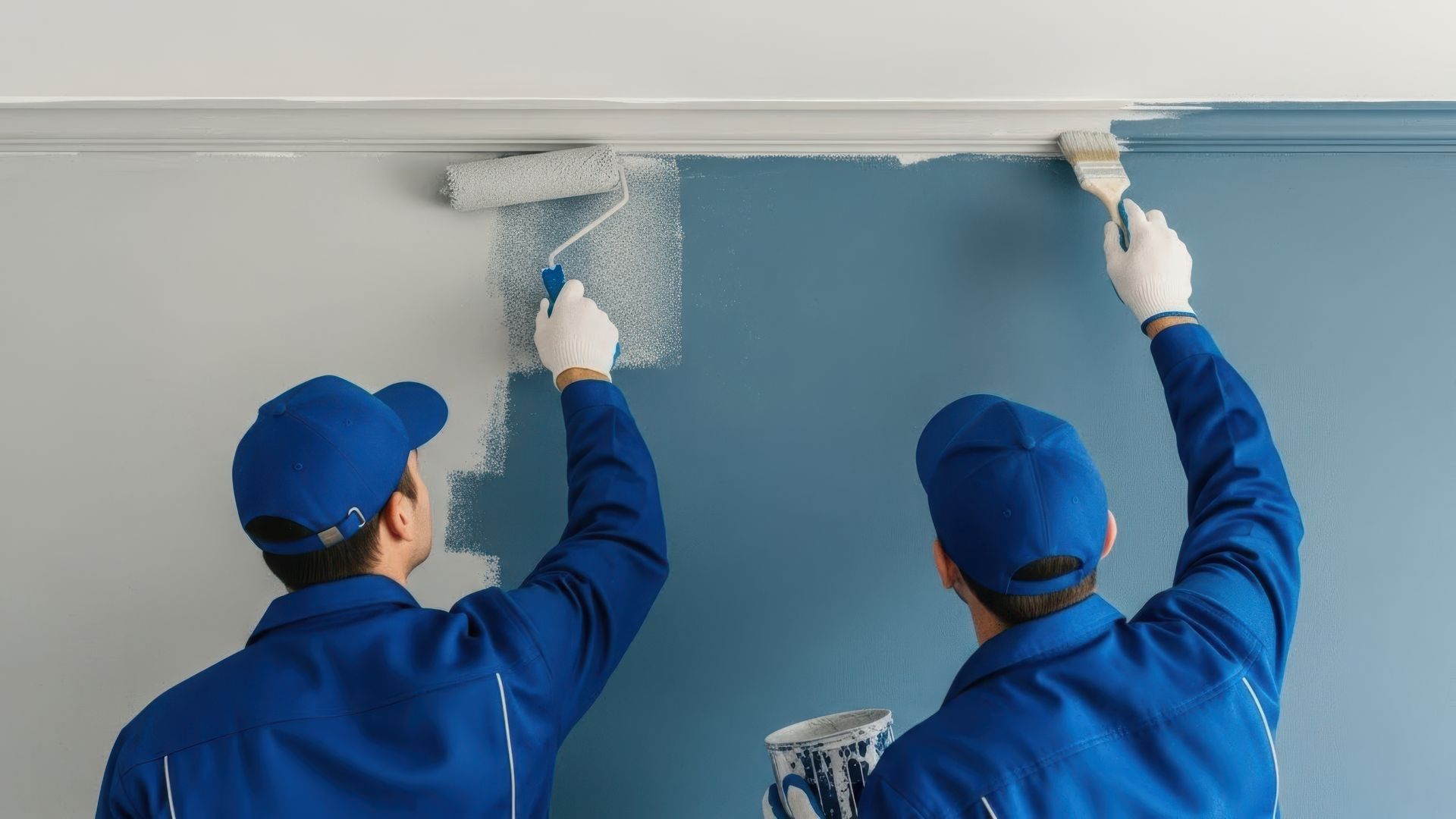 Two painters in blue uniforms applying white paint on a blue wall. Two painters in blue uniforms applying white paint on a blue wall.