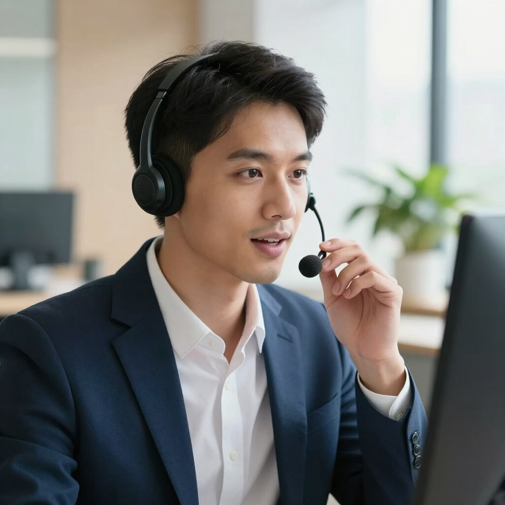 Man wearing a headset microphone in a bright office, speaking into it while looking ahead.