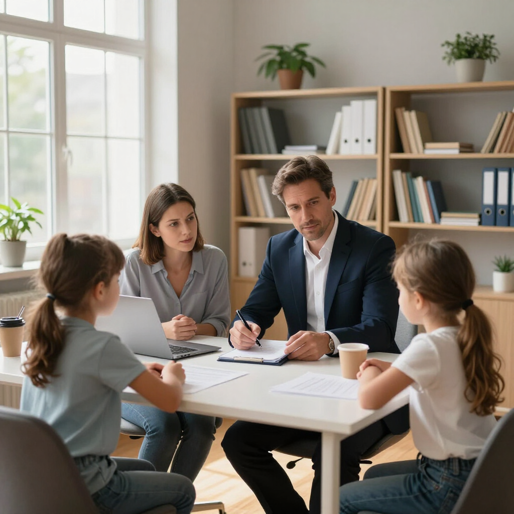 Small group meeting around a table in a bright office, with laptops, notebooks, and shelves in the background