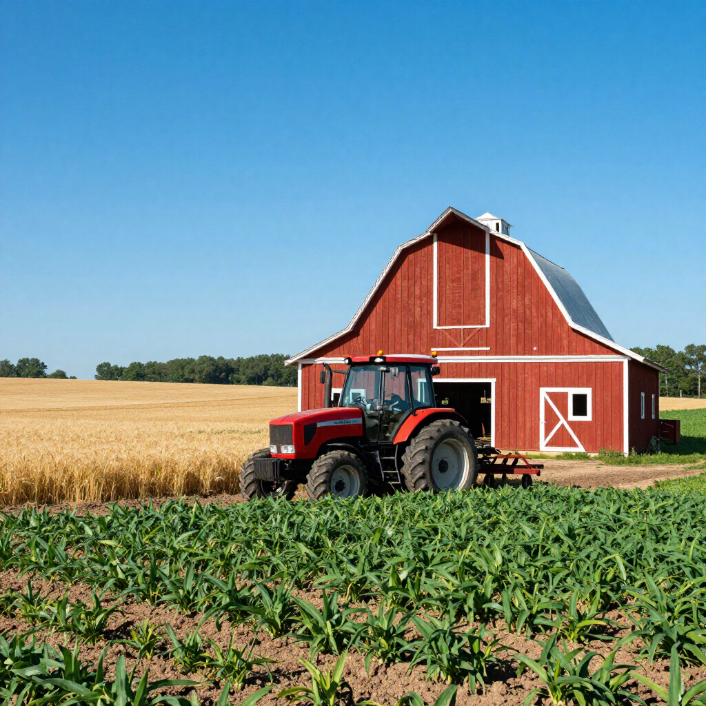 Red tractor beside a red barn with golden wheat field and green crop rows under a clear blue sky