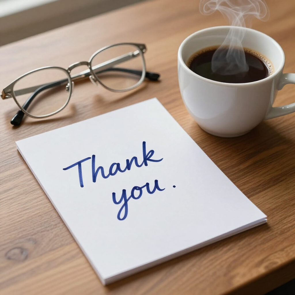 Thank-you note beside eyeglasses and a steaming coffee cup on a wooden desk