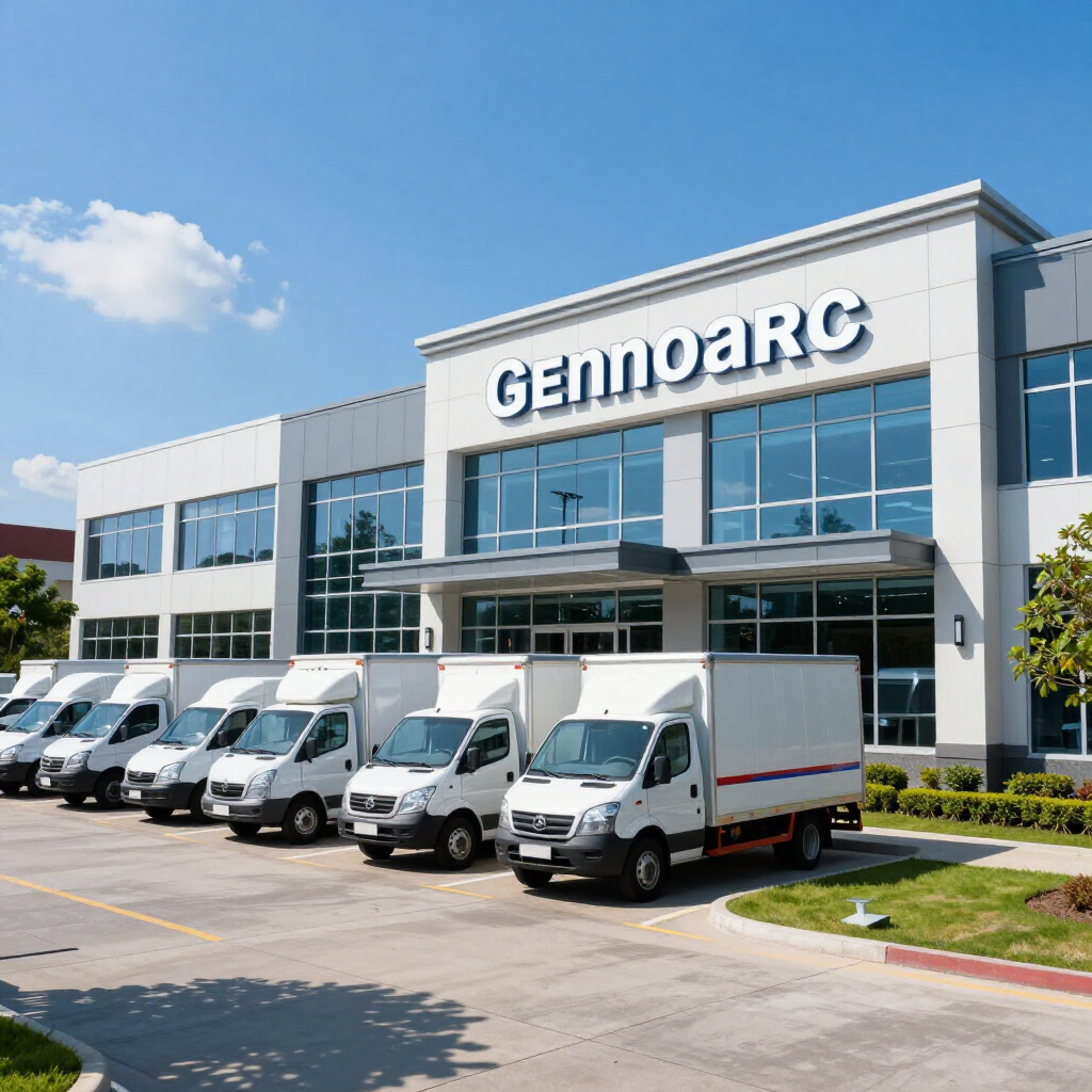 Modern office building with a row of white delivery vans parked outside under a blue sky