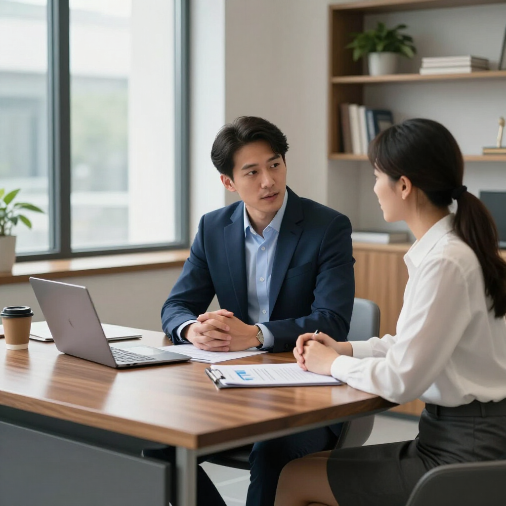 Two coworkers in a meeting at a desk with a laptop, notebooks, and coffee in a bright office