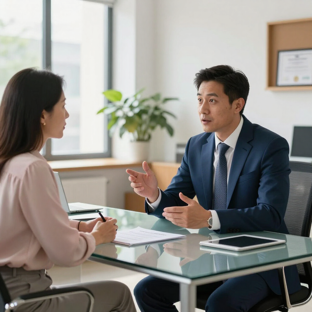 Two people in a bright office discussing documents across a glass desk