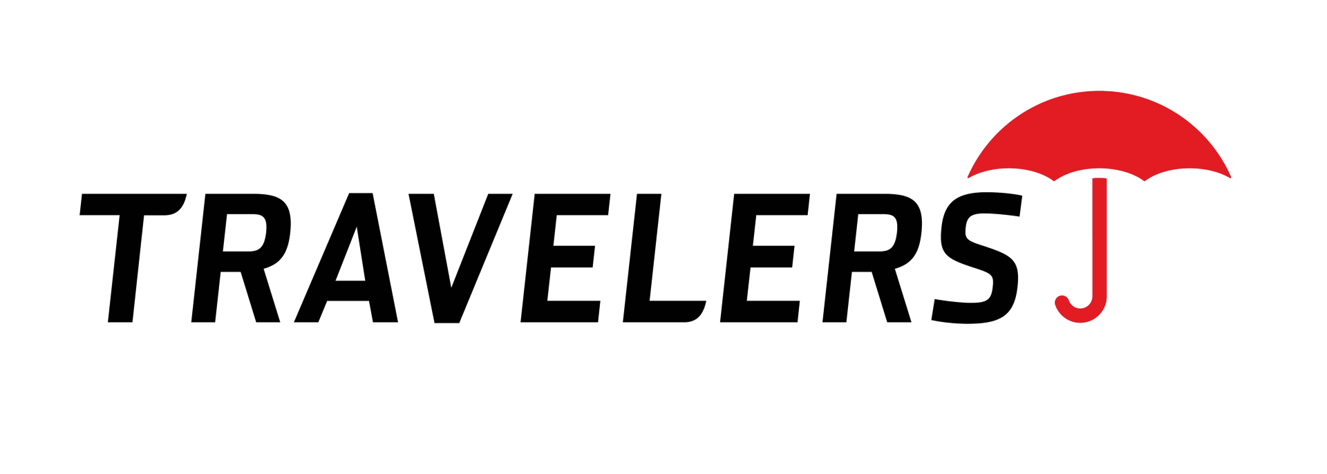 TRAVELERS logo in black with a red umbrella over the final letter