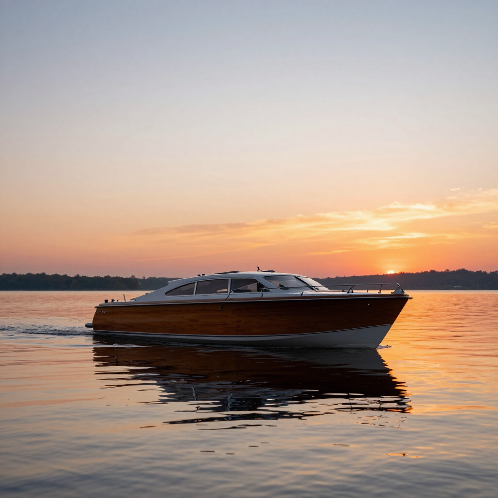 Wooden motorboat gliding on calm water at sunset, with orange sky reflections