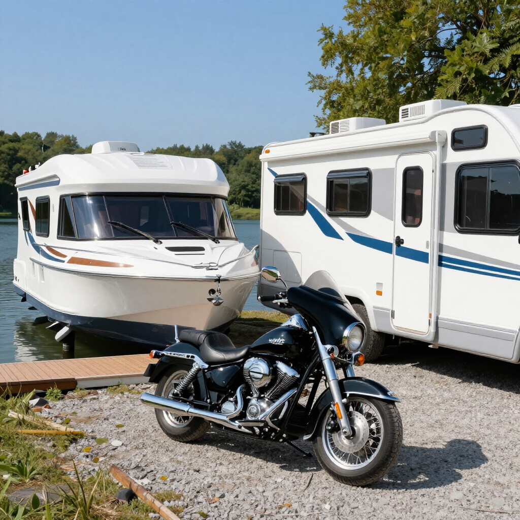 Motorcycle parked beside a white RV and a white boat on a sunny dockside lot