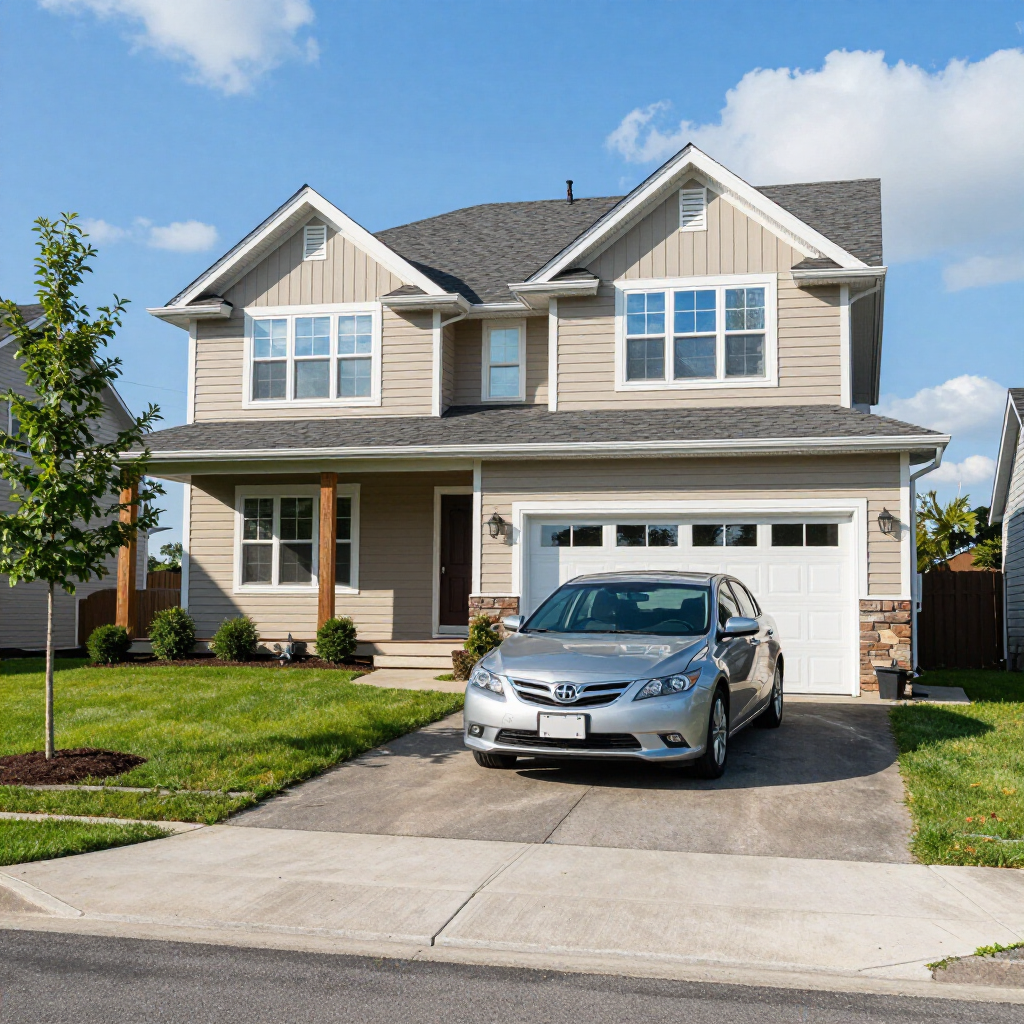 Suburban two-story house with a gray car parked in the driveway on a sunny day