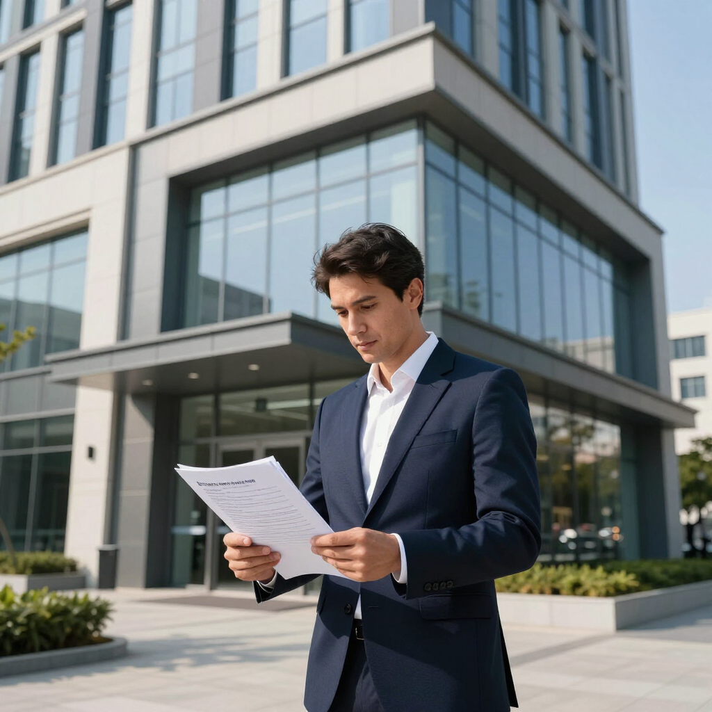 Man in a navy suit reading papers outside a modern glass office building