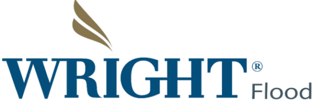 Wright Flood logo in blue and gold with a leaf icon above the wordmark