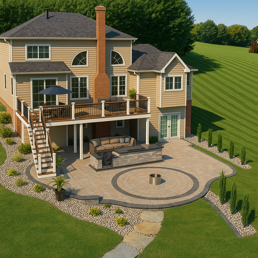 Backyard patio with raised wooden deck, concrete floor, and black pergola beside a house