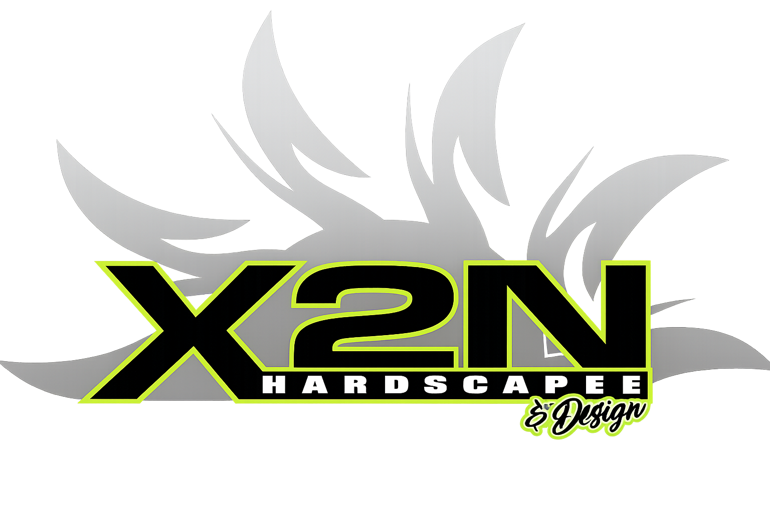 Logo for X2N Hardscape & Design: black and green letters with a gray flame-like design in the background.