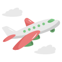 A cartoon airplane with red and green wings is flying in the sky.