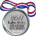 A silver medal with a red , white and blue ribbon on a white background.