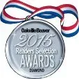 A silver medal with a red , white and blue ribbon on a white background.