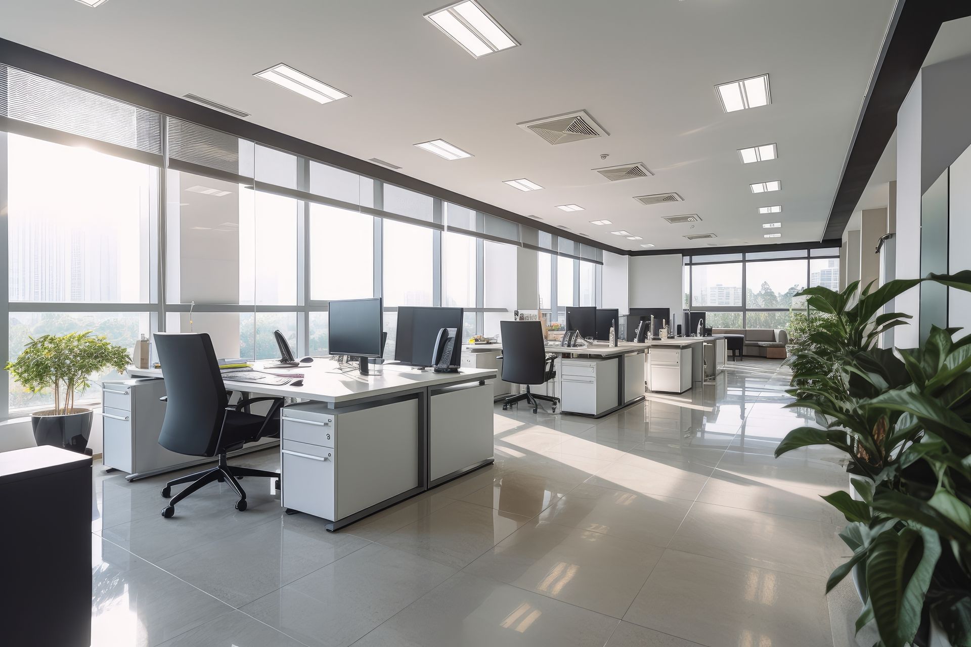 An empty office with lots of windows and desks and chairs.