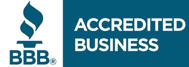 The bbb logo is blue and white and says accredited business.
