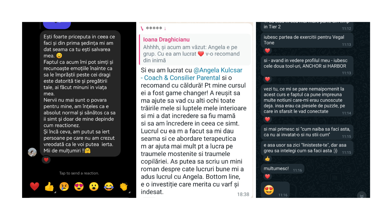 Trei capturi de ecran de socializare, alăturate, care prezintă postări text și reacții emoji pe fundaluri închise și albe