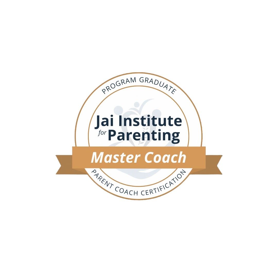 O sigiliu rotund al Institutului Jai pentru Parenting pe fundal alb, cu un banner panglică maro deschis pe care scrie „Master Coach”.