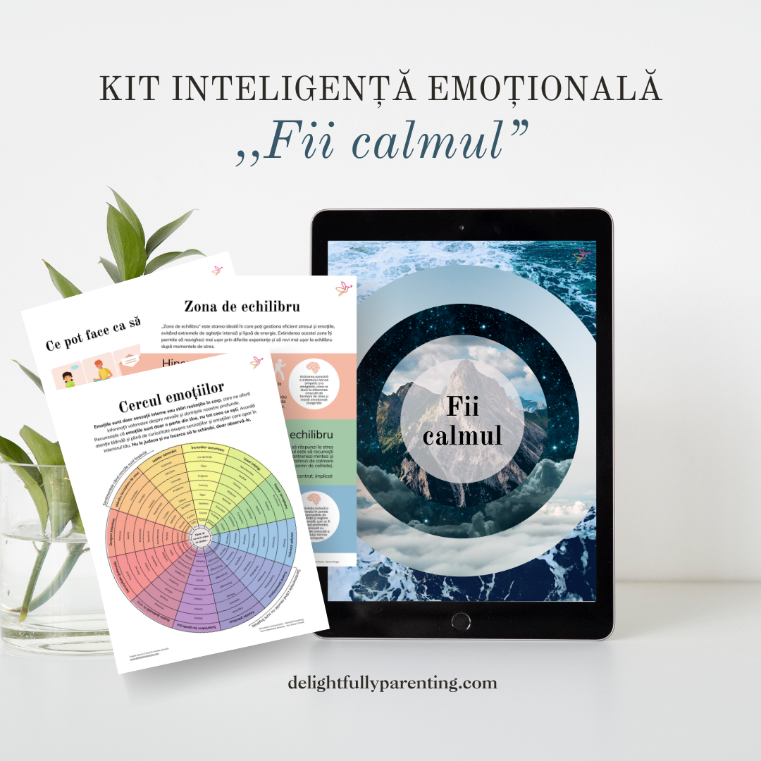 Kit de inteligență emoțională intitulat „Fii calm” cu o tabletă, o roată a emoțiilor și pagini cu resurse pe fundal alb.