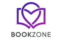 Sigla violetă cu o inimă în formă de carte deschisă deasupra cuvântului BOOKZONE pe un fundal alb