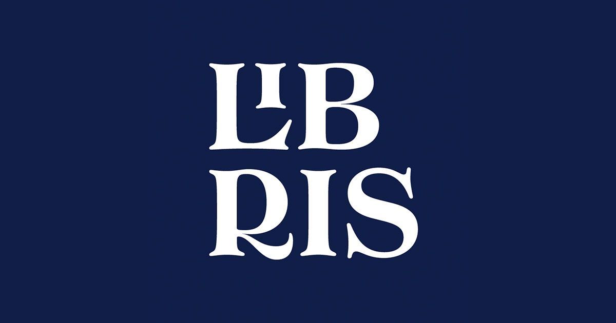 Text „LIBRIS” alb pe fundal albastru închis.