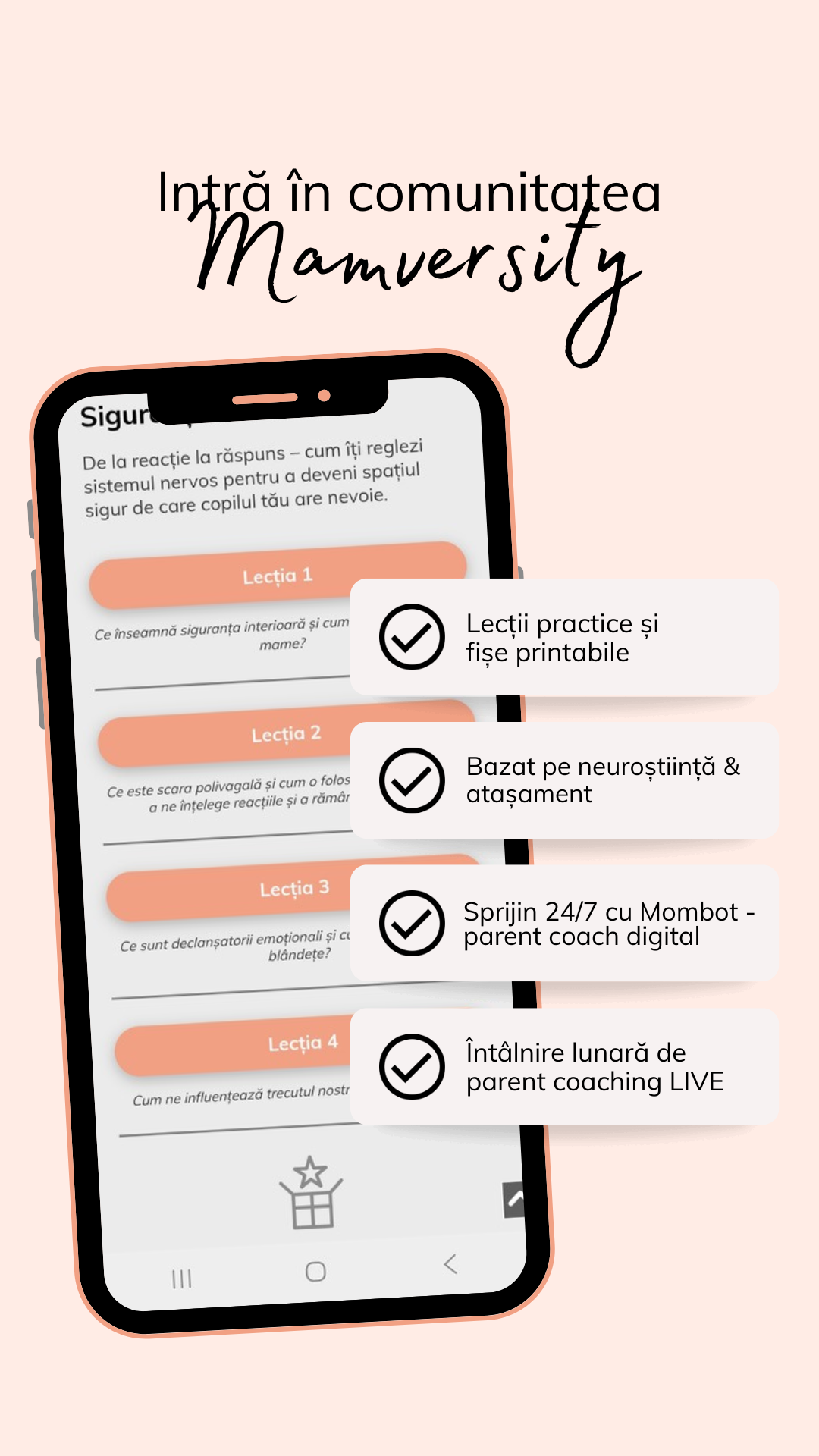 Adolescentă cu un zâmbet alb și o listă de verificare a confortului pe ecranul unui telefon cu accente de piersică