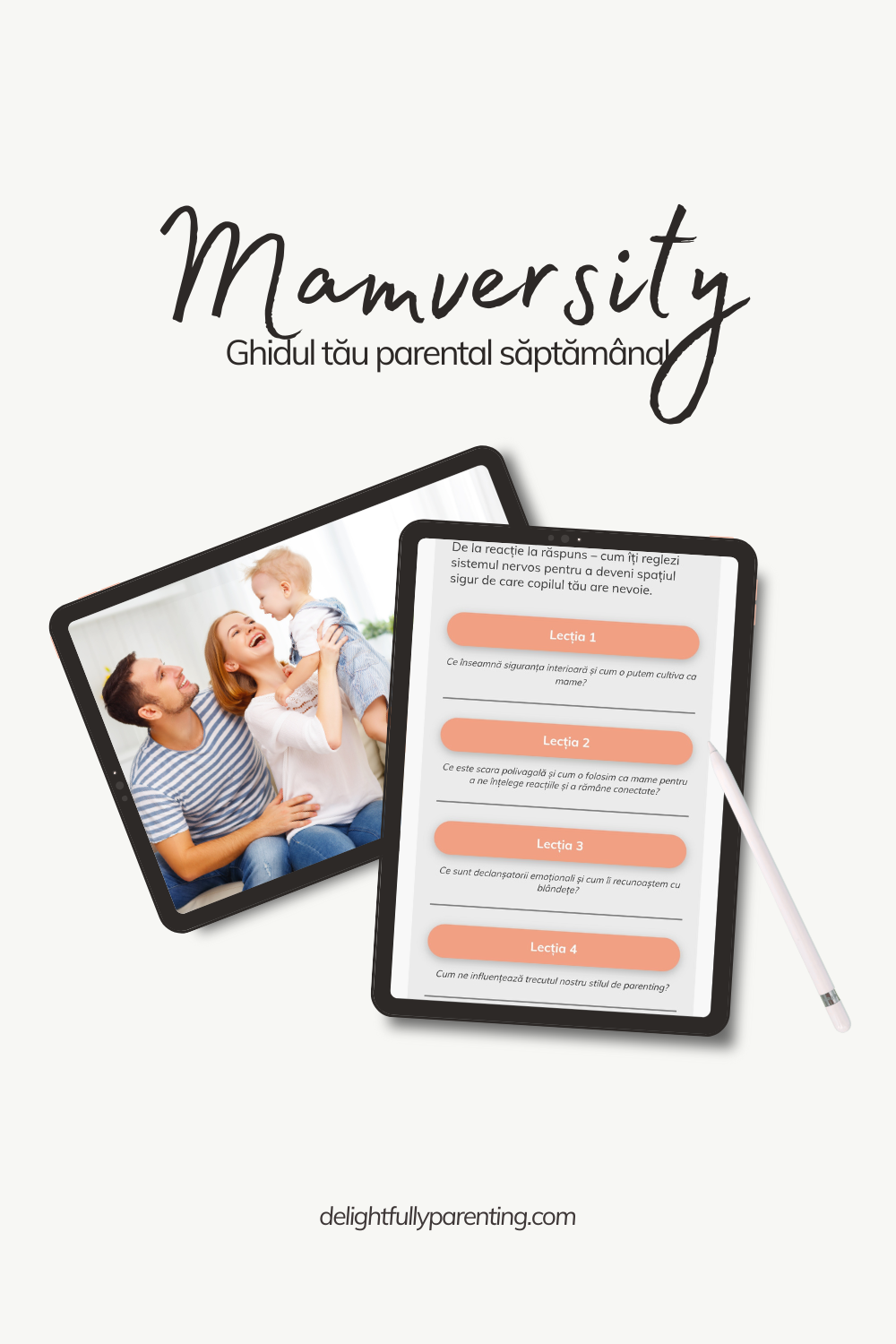 Fluturaș Mamversity despre dezvoltarea copiilor, cu ecrane de tabletă pe fundal alb