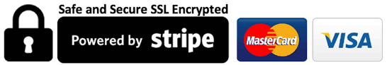 Plată sigură și securizată, criptată SSL, oferită de Stripe, cu siglele MasterCard și Visa.
