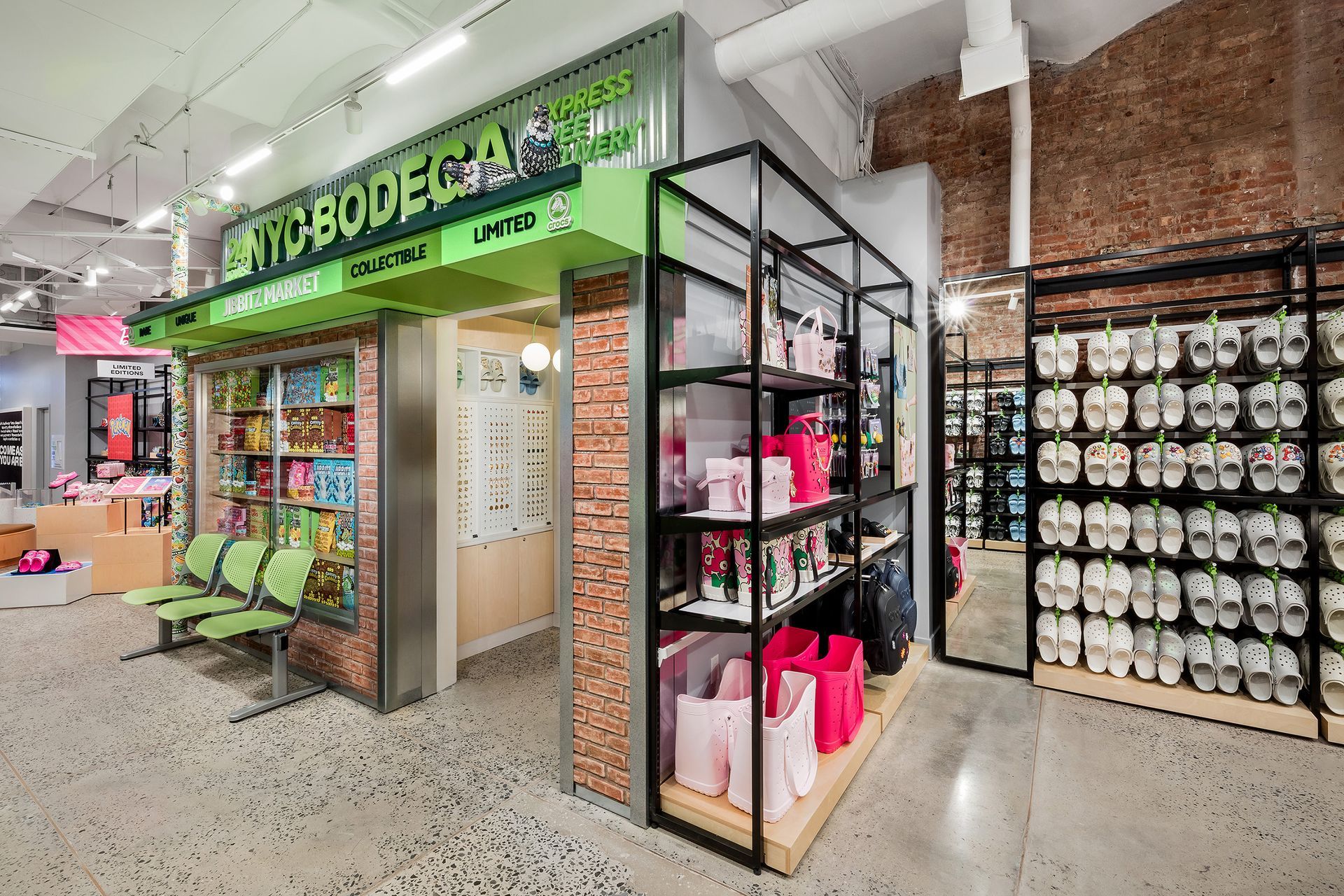 NY Bodega-themed store with retail displays, green signage, exposed brick, and shoe shelves.