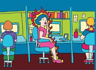 A cartoon of a woman sitting in a chair with flames coming out of her legs.