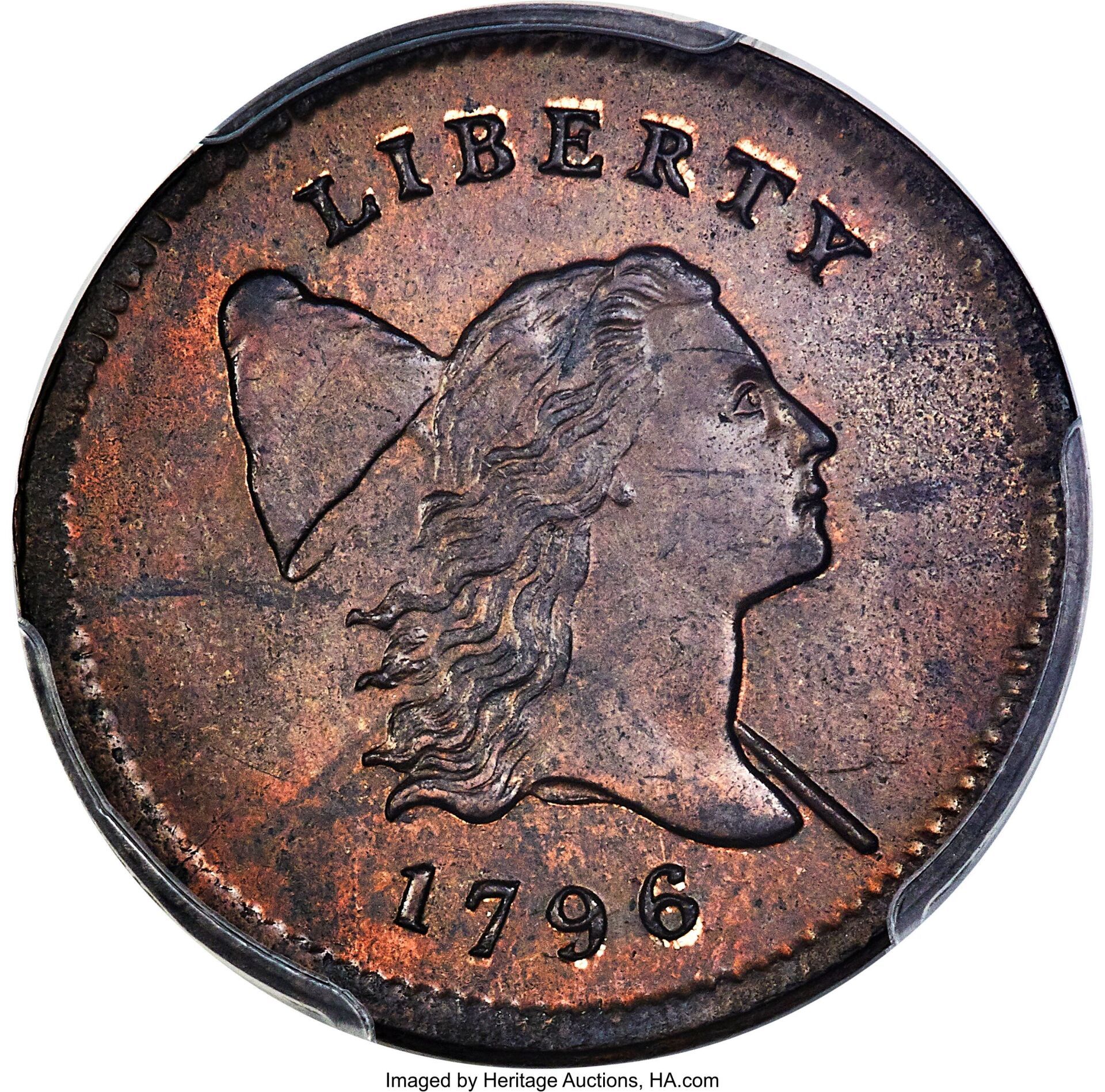 1796 With Pole Half Cent B-2a, C-2, High R.4, MS64+ Red and Brown PCGS. CAC. EAC Grade MS60