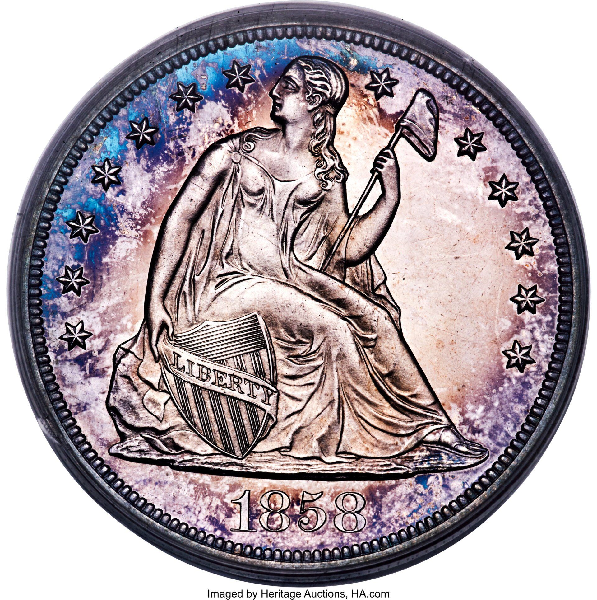 1858 proof-only issue dollar offered by Heritage Auctions, HA.com