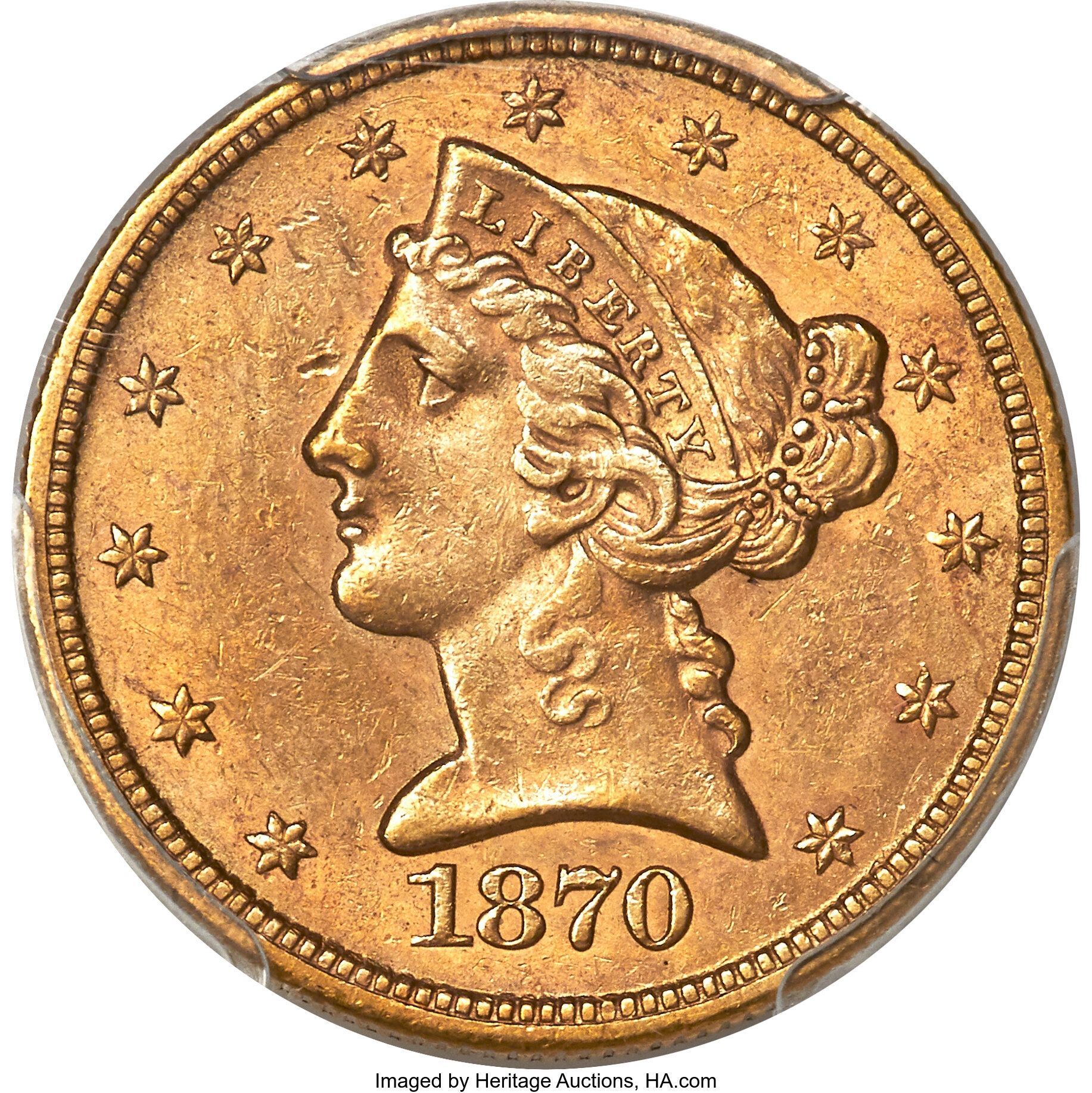 1870-CC Half Eagle AU58 PCGS. CAC. Variety 1-A