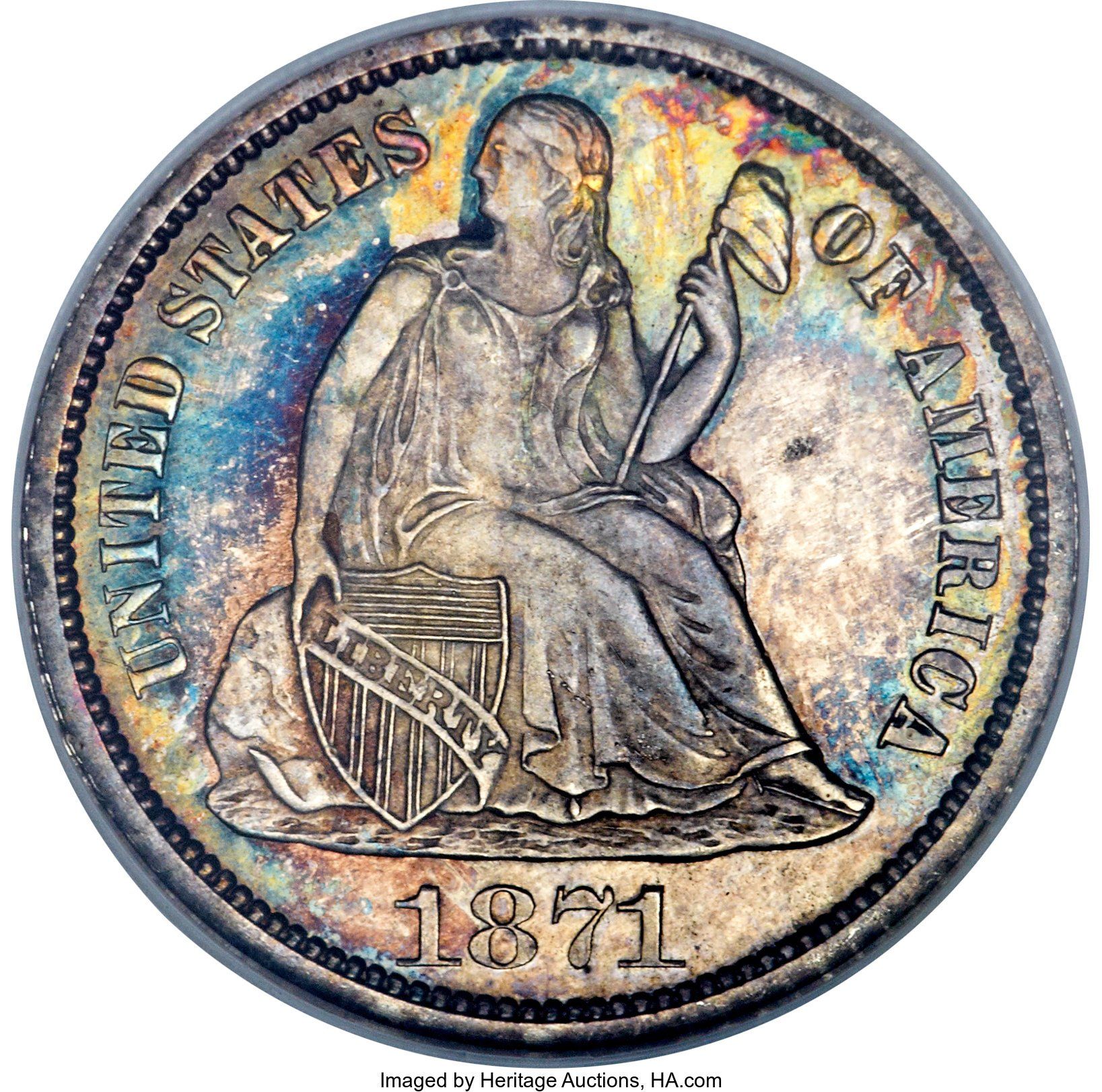 1871 cc liberty seated dime. imaged by heritage acutions, ha.com