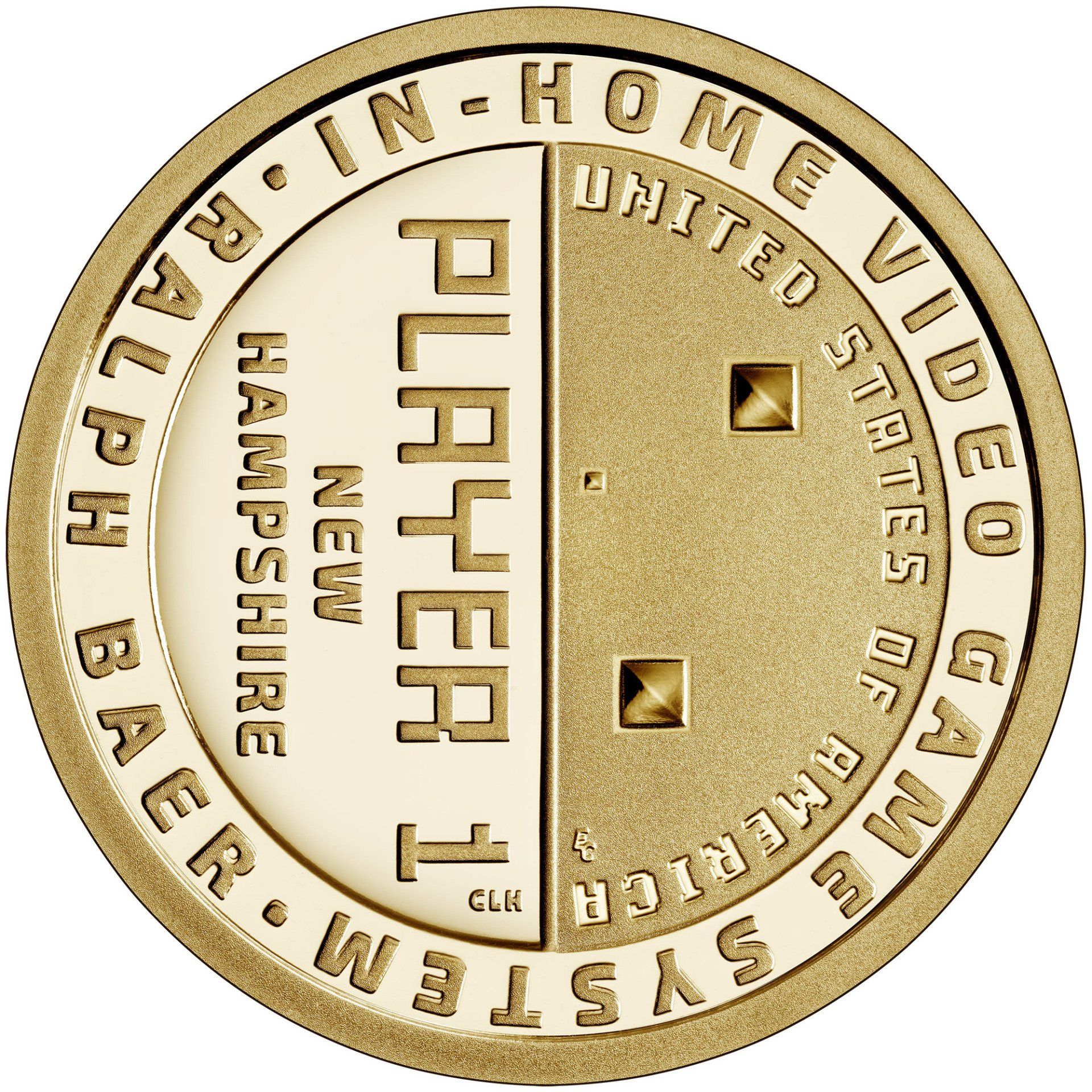 Reverse of the 2021 New Hampshire American Innovation $1 Coin. United States Mint Image Reverse of the 2021 New Hampshire American Innovation $1 Coin depicts Ralph Baer’s brown box game “Handball” on the right side of the coin. The left side of the coin features “New Hampshire” and “Player 1” on an incused background. United States Mint Image