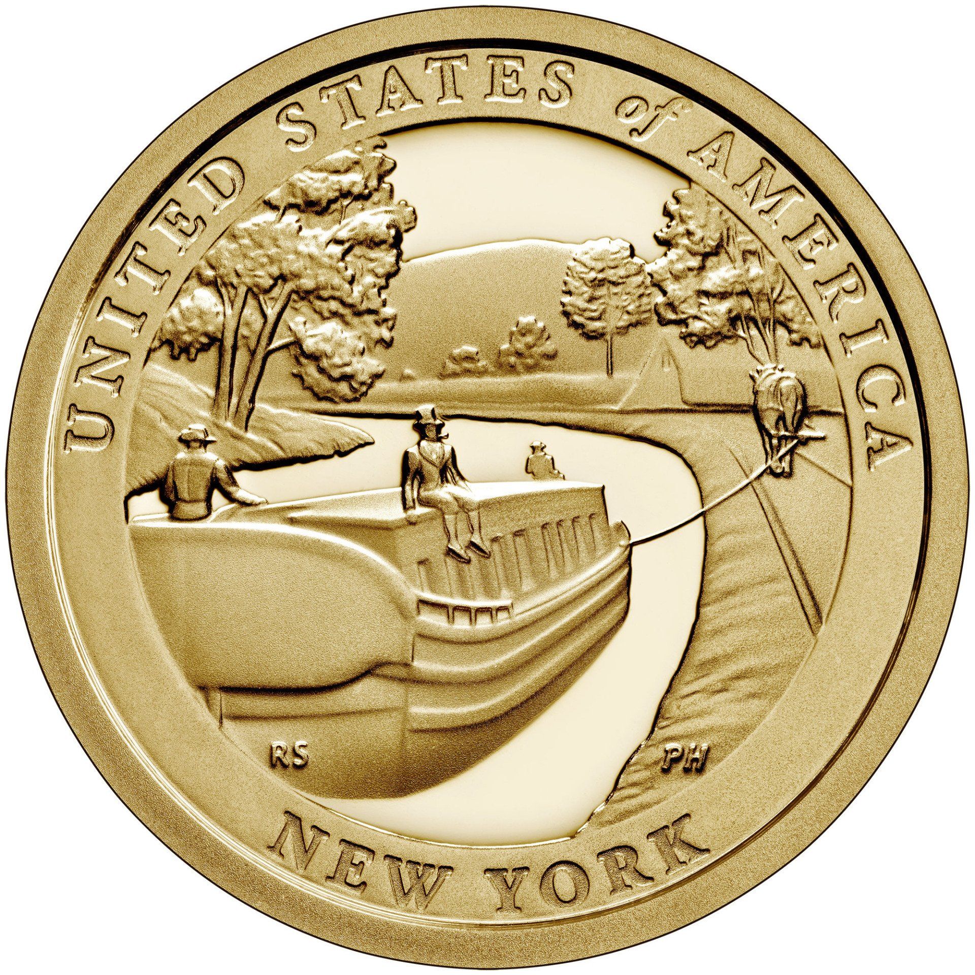 Reverse of the 2021 New York American Innovation $1 Coin. United States Mint Image Reverse of the 2021 New York American Innovation $1 Coin shows a packet boat being pulled from a city in the East toward the country areas to the West. United States Mint Image