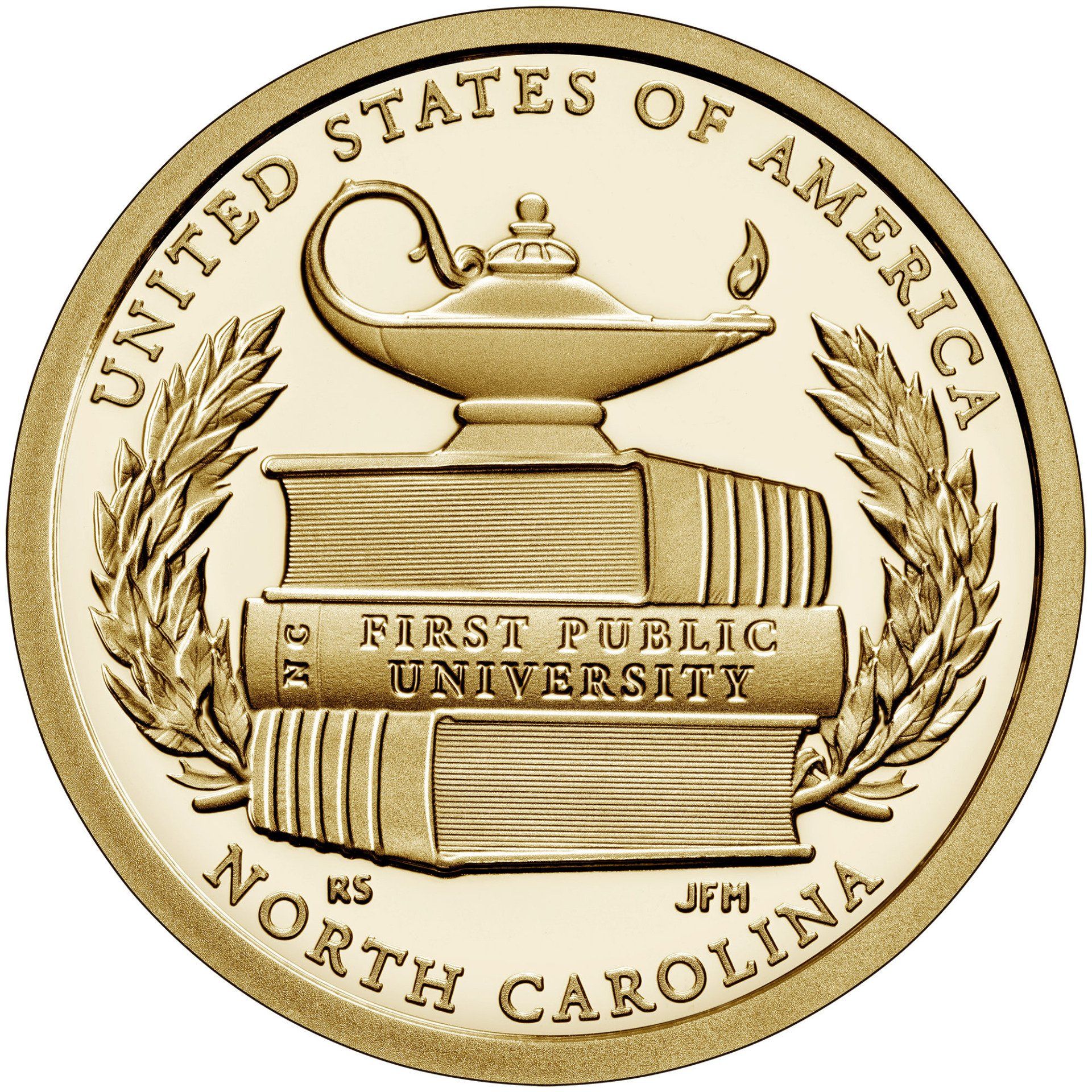 Reverse of the 2021 North Carolina American Innovation $1 Coin. United States Mint Image Reverse of the 2021 North Carolina American Innovation $1 Coin shows a stack of three textbooks with “FIRST PUBLIC UNIVERSITY” on the spine of the middle book. A lamp of knowledge is perched atop the books and olive branches curve around the edge of the design. United States Mint Image