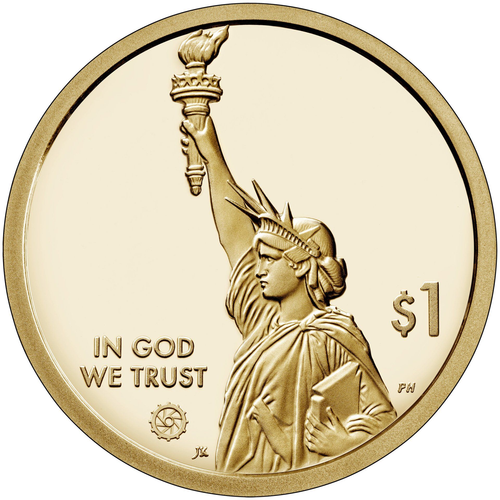 Obverse design of American Innovation $1 Coins. United States Mint Image obverse design of the American Innovation $1 coin shows a representation of the Statue of Liberty in profile. The obverse also includes a privy mark of a stylized gear, representing industry and innovation.