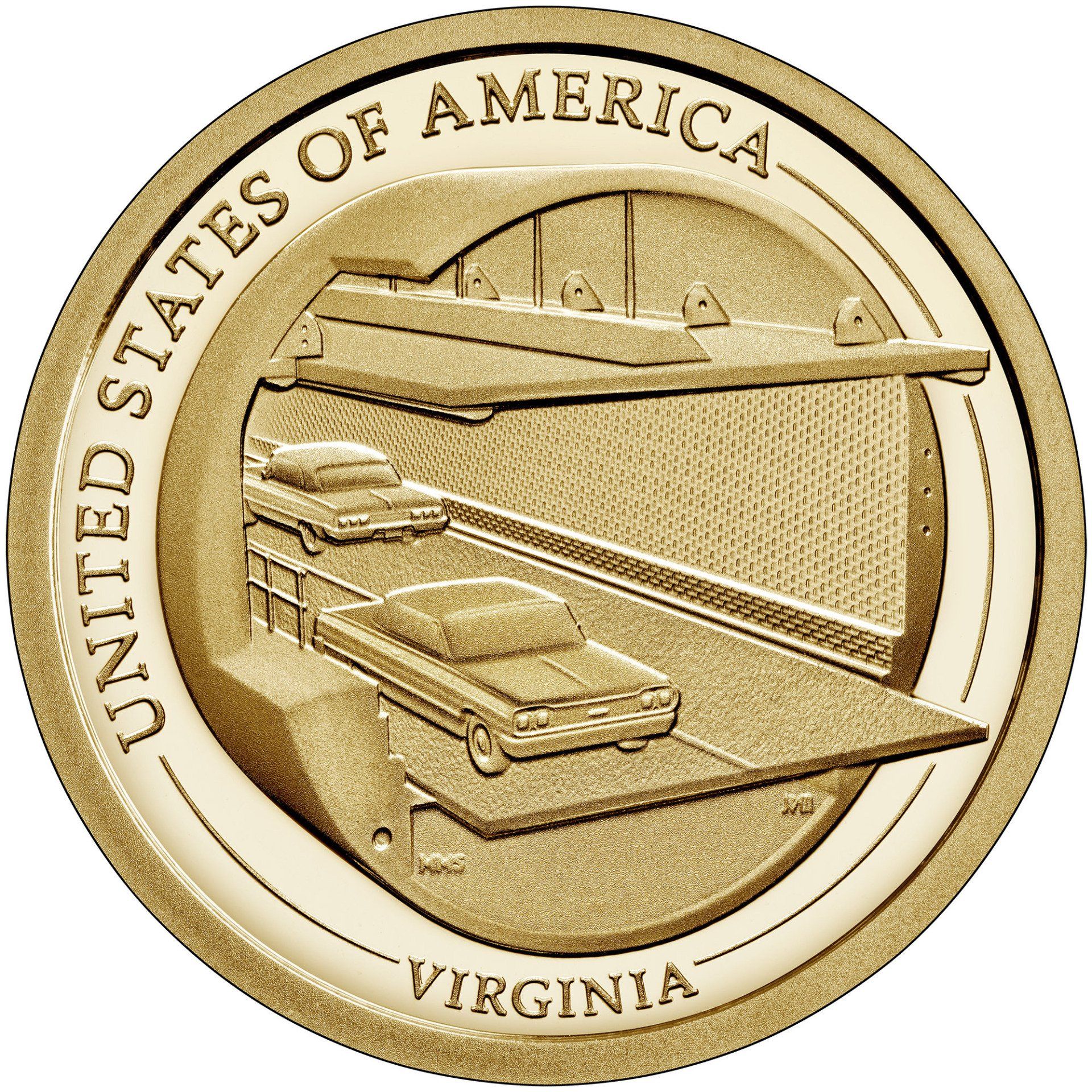 Reverse of the 2021 Virginia American Innovation $1 Coin. United States Mint Image Reverse of the 2021 Virginia American Innovation $1 Coin shows a view of the Chesapeake Bay Tunnel as a cross section cut away, illustrating the ingenuity involved in constructing it. United States Mint Image