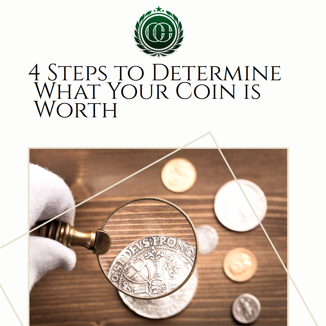 Hand holding a magnifying glass examining a coin on a table with 5 other coins